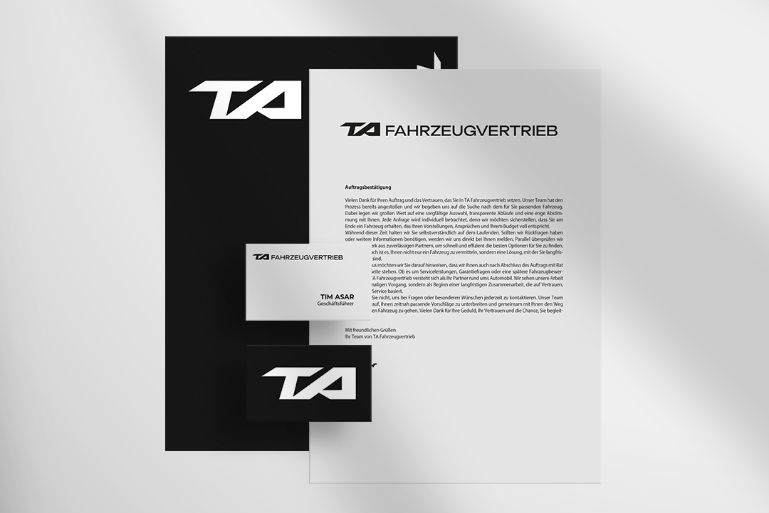 Geschäftsausstattung mit TA FAHRZEUGVERTRIEB Branding
